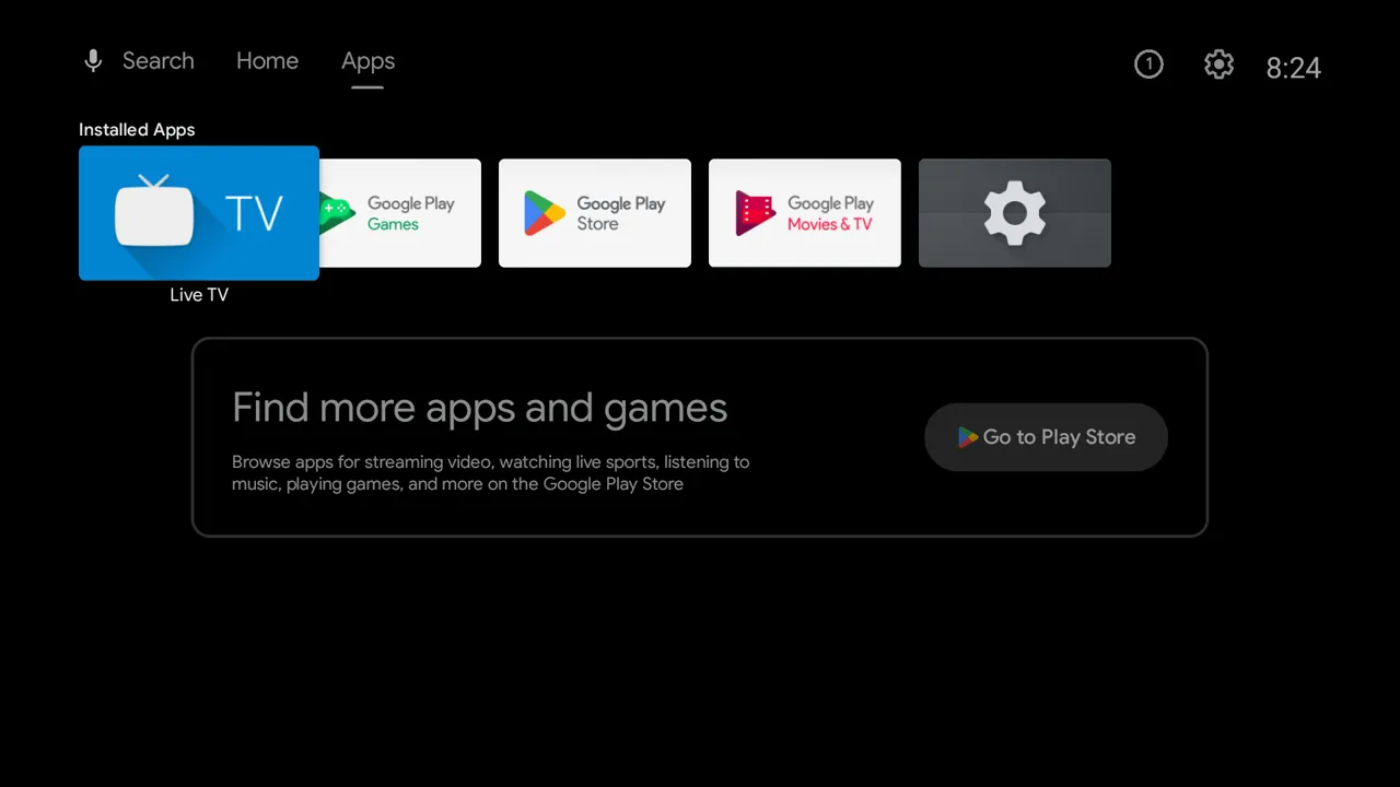 Android TV home screen app grid on Google TV